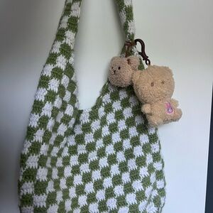 Green and White Checkered Knit Bag